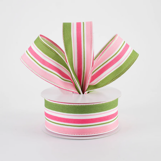 1 1/2" Varied Striation Stripes Wired Ribbon: Moss Green & Pink - 1 Yard - Sugar Pink Boutique