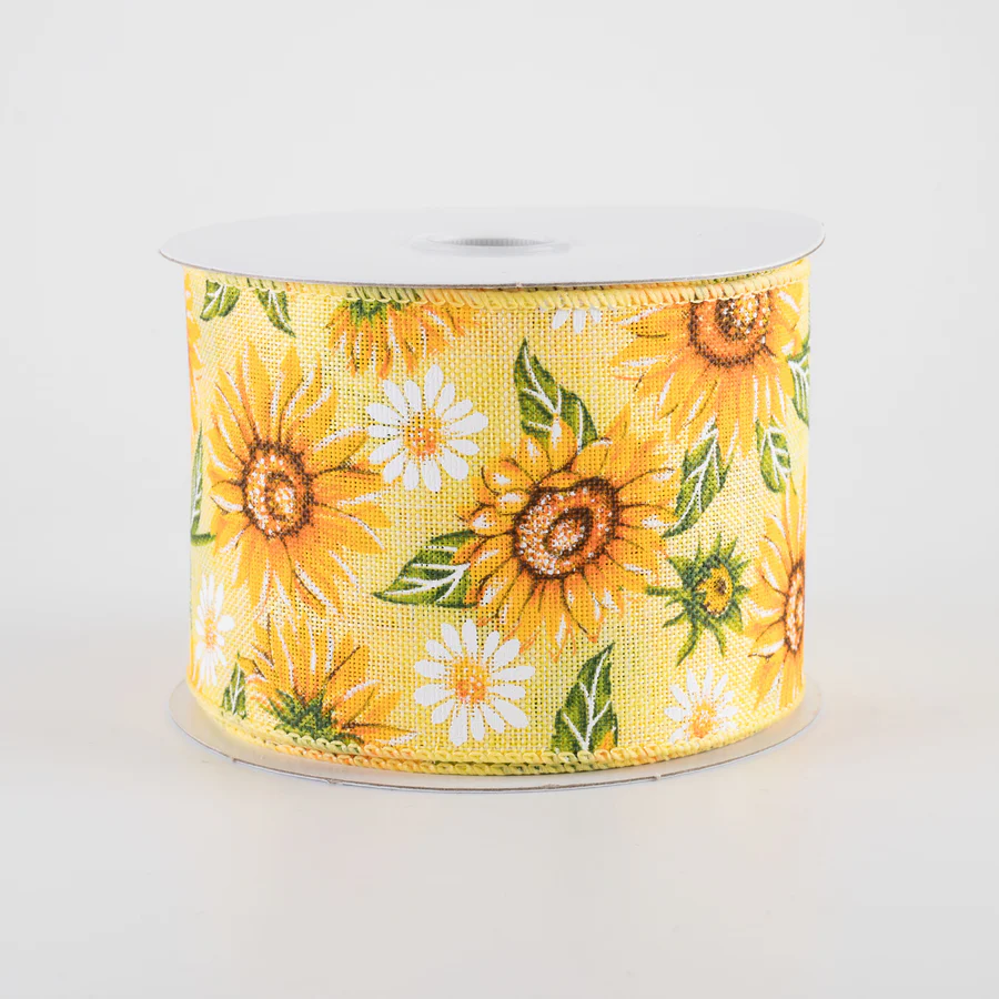 2 1/2" Sunflowers & Daisies Wired Ribbon: Yellow - 1 Yard - Sugar Pink Boutique