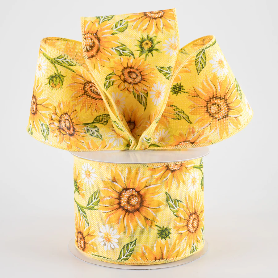 2 1/2" Sunflowers & Daisies Wired Ribbon: Yellow - 1 Yard - Sugar Pink Boutique