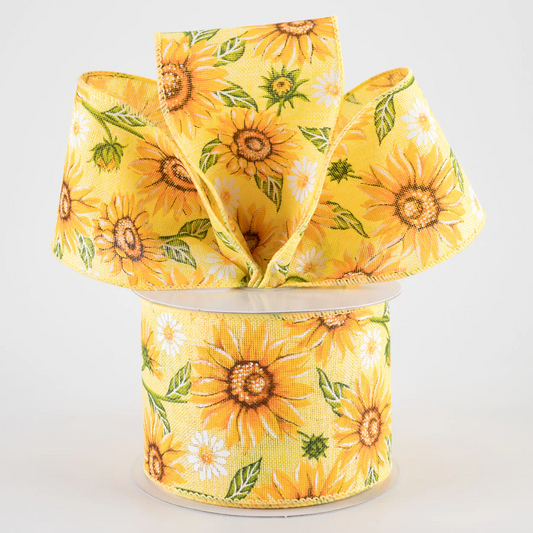 2 1/2" Sunflowers & Daisies Wired Ribbon: Yellow - 1 Yard - Sugar Pink Boutique