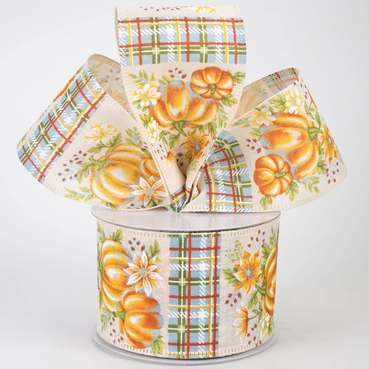 2 1/2"  Blue & Orange Pumpkins and Plaid Wired Ribbon: Ivory Linen - 1 Yard
