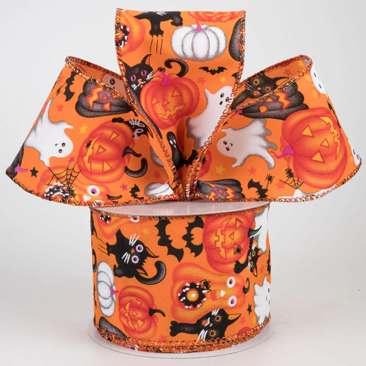 2 1/2" Vintage Cutie Halloween Wired Ribbon: Orange - 1 yard