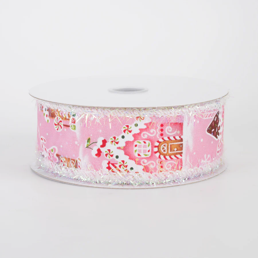 1 1/2" Tinsel Edge Gingerbread Sweet Shop Wired Ribbon: Pink - 1 Yard