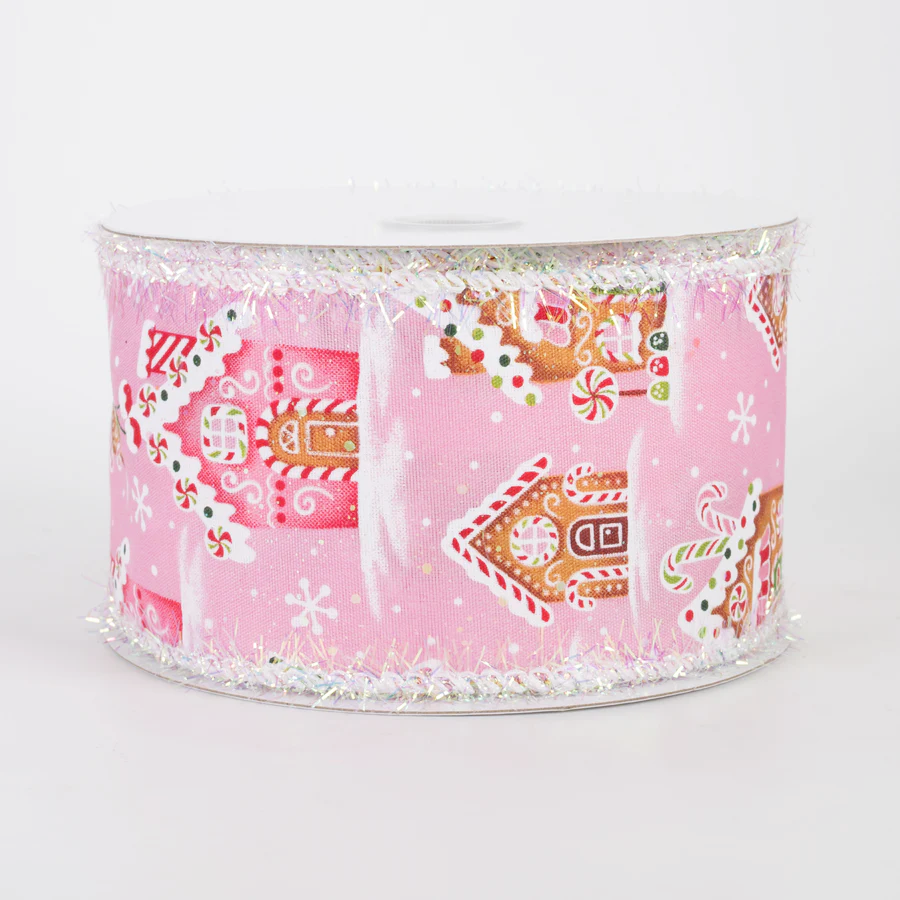 2 1/2" Tinsel Edge Gingerbread Sweet Shop Wired Ribbon: Pink - 1 Yard