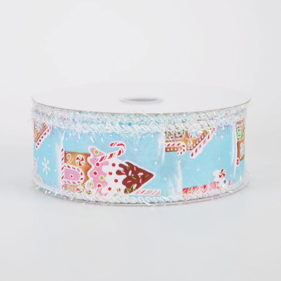 1 1/2" Tinsel Edge Gingerbread Sweet Shop Wired Ribbon: Blue - 1 Yard