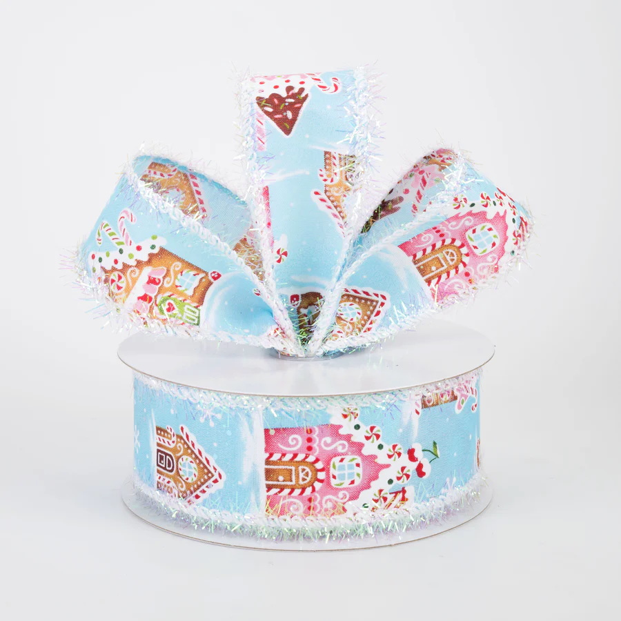 1 1/2" Tinsel Edge Gingerbread Sweet Shop Wired Ribbon: Blue - 1 Yard