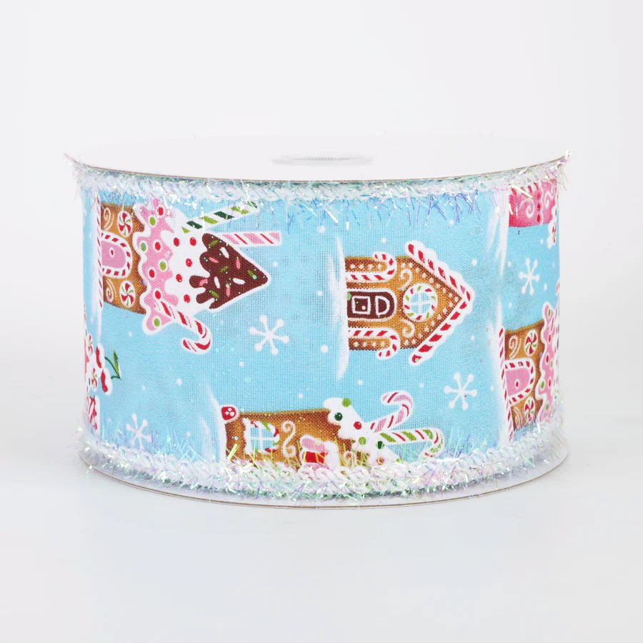 2 1/2" Tinsel Edge Gingerbread Sweet Shop Wired Ribbon: Blue - 1 Yard