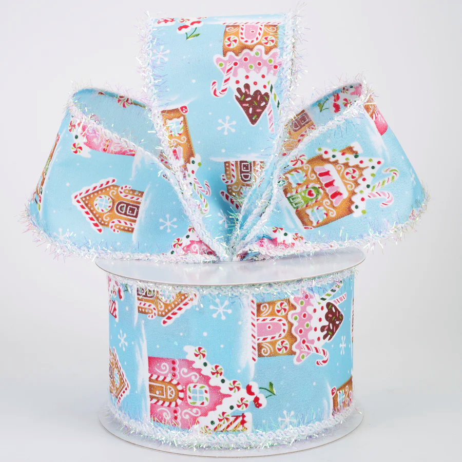 2 1/2" Tinsel Edge Gingerbread Sweet Shop Wired Ribbon: Blue - 1 Yard