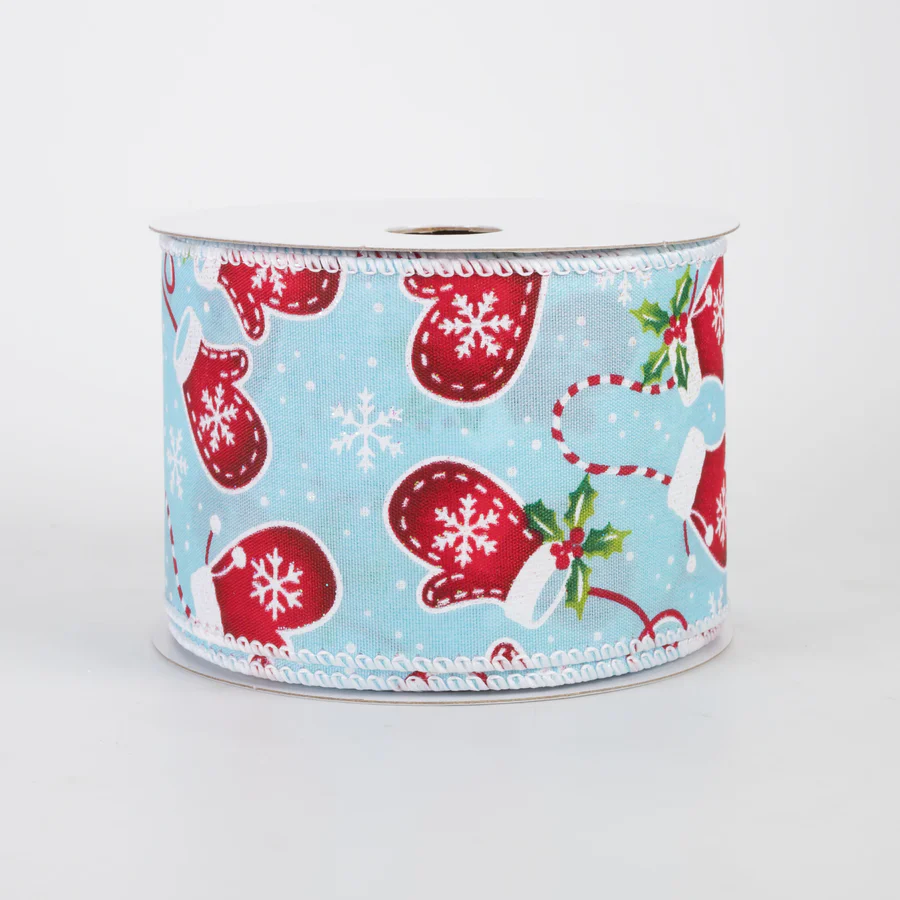2 1/2" Snowflakes & Mittens Satin Wired Ribbon: Blue - 1 Yard