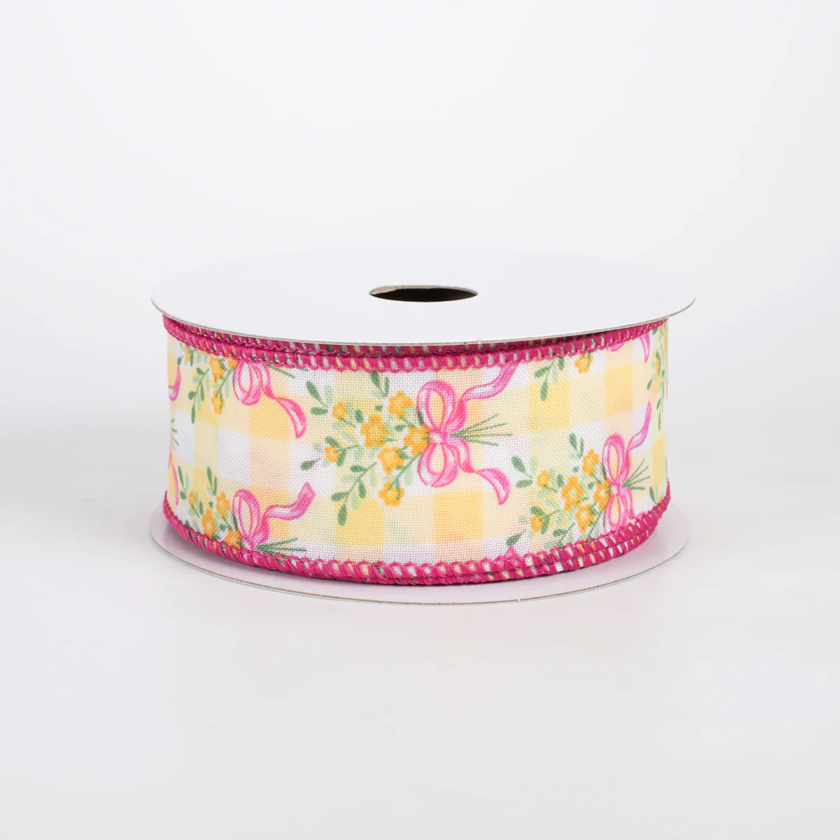 1 1/2" Satin Flower Bow Bouquet Wired Ribbon: White & Yellow - 1 Yard