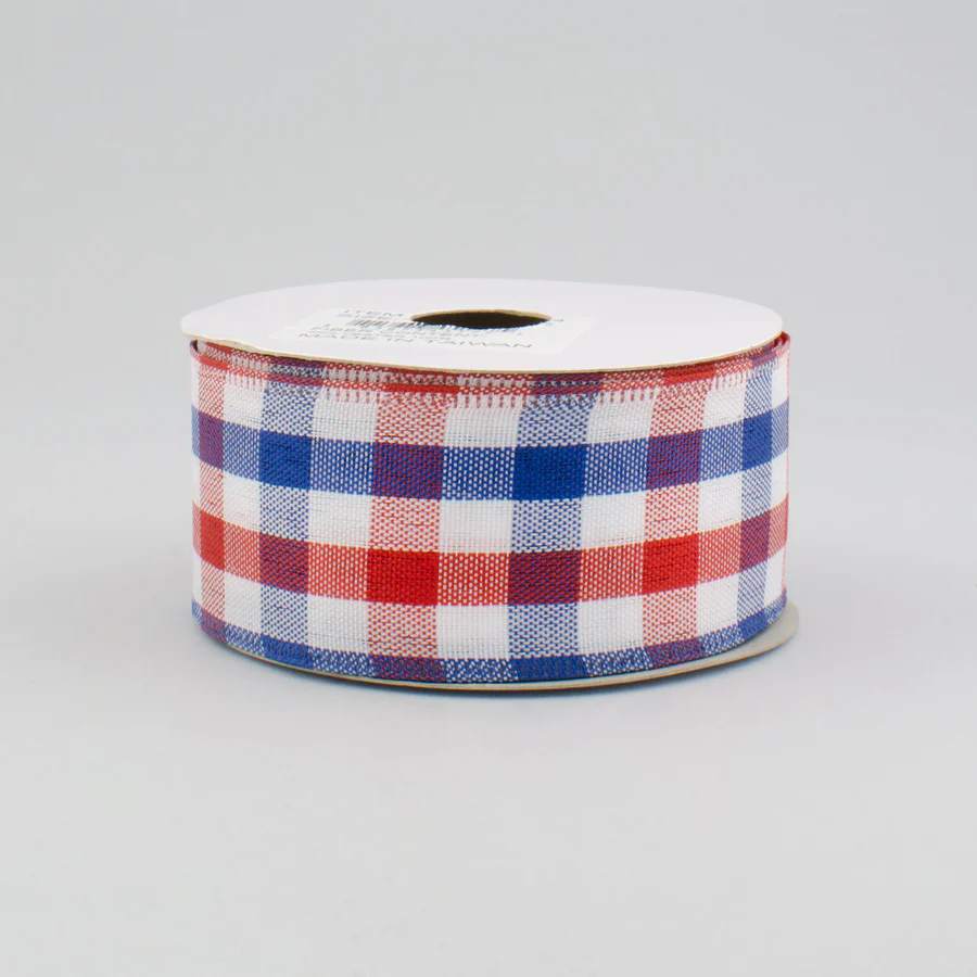 1 1/2" Patriotic Gingham Plaid Wired Ribbon: Red, White & Blue - 1 Yard - Sugar Pink Boutique