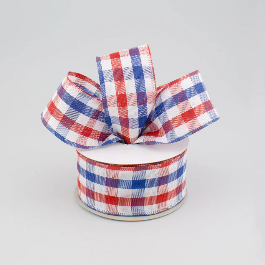 1 1/2" Patriotic Gingham Plaid Wired Ribbon: Red, White & Blue - 1 Yard - Sugar Pink Boutique