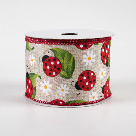 2 1/2" Ladybug Daisy Print Wired Ribbon: Natural - 1 Yard - Sugar Pink Boutique