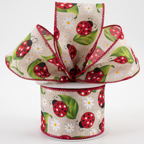 2 1/2" Ladybug Daisy Print Wired Ribbon: Natural - 1 Yard - Sugar Pink Boutique