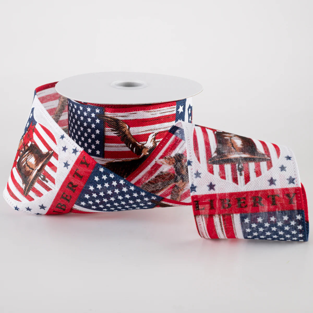 2 1/2" Linen Liberty Bell and Eagle Wired Ribbon: White - 1 Yard