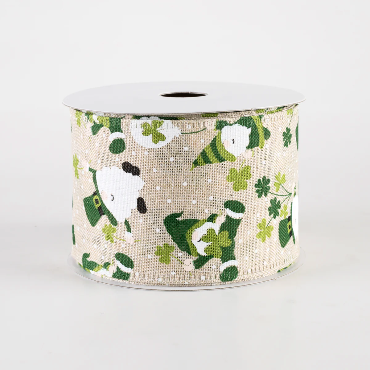 2 1/2" Linen St. Pat Leprechaun Gnomes Wired Ribbon: Natural - 1 Yard