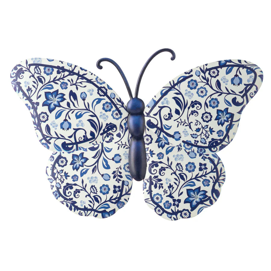 12" Embossed Metal Sign: Blue & White Chinoiserie Butterfly