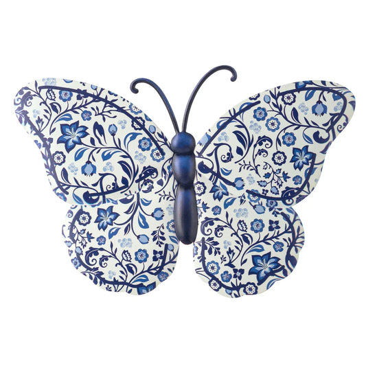 12" Embossed Metal Sign: Blue & White Chinoiserie Butterfly - Sugar Pink Boutique