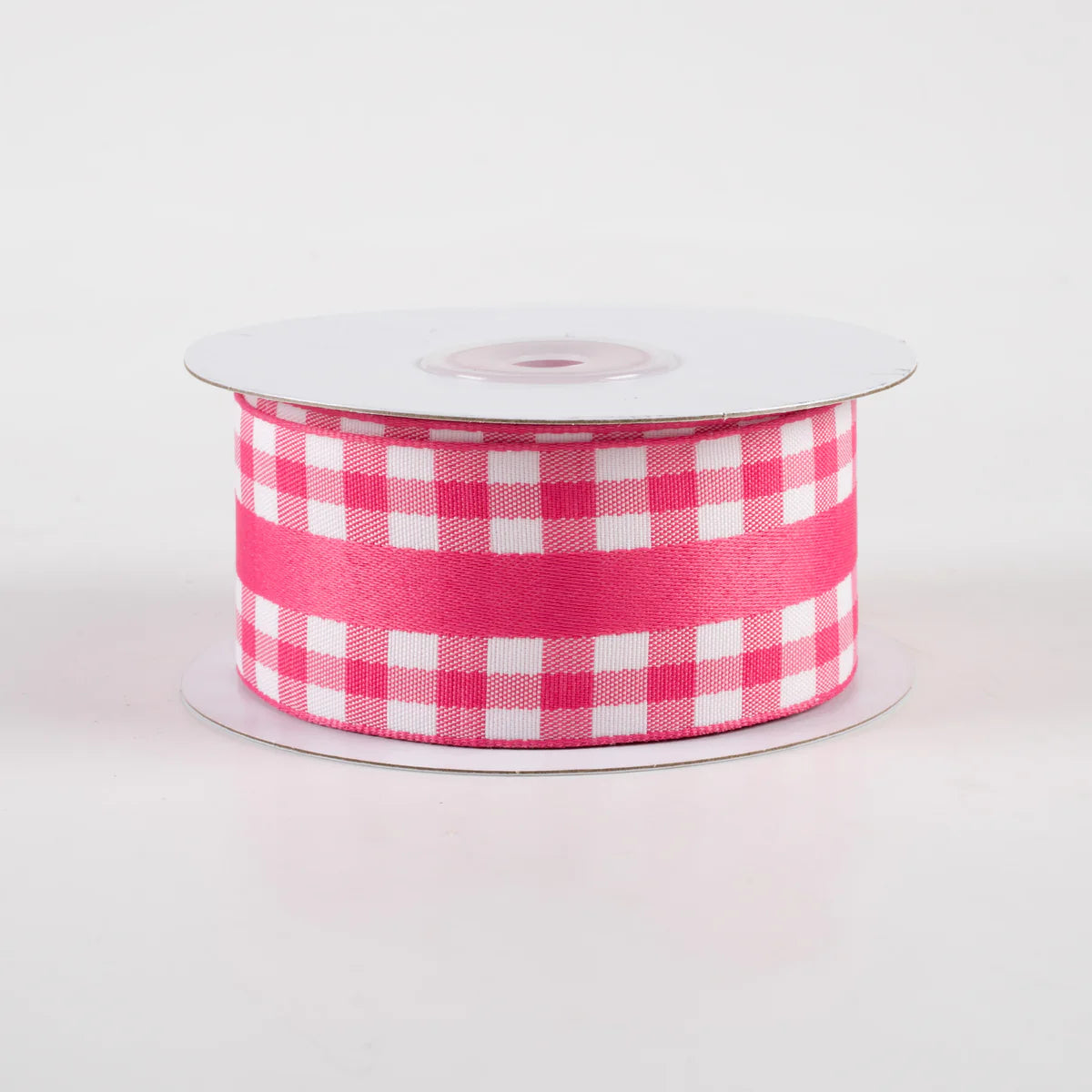1 1/2" Mini Gingham With Center Stripe Lightly Wired Ribbon: Hot Pink & White - 1 Yard