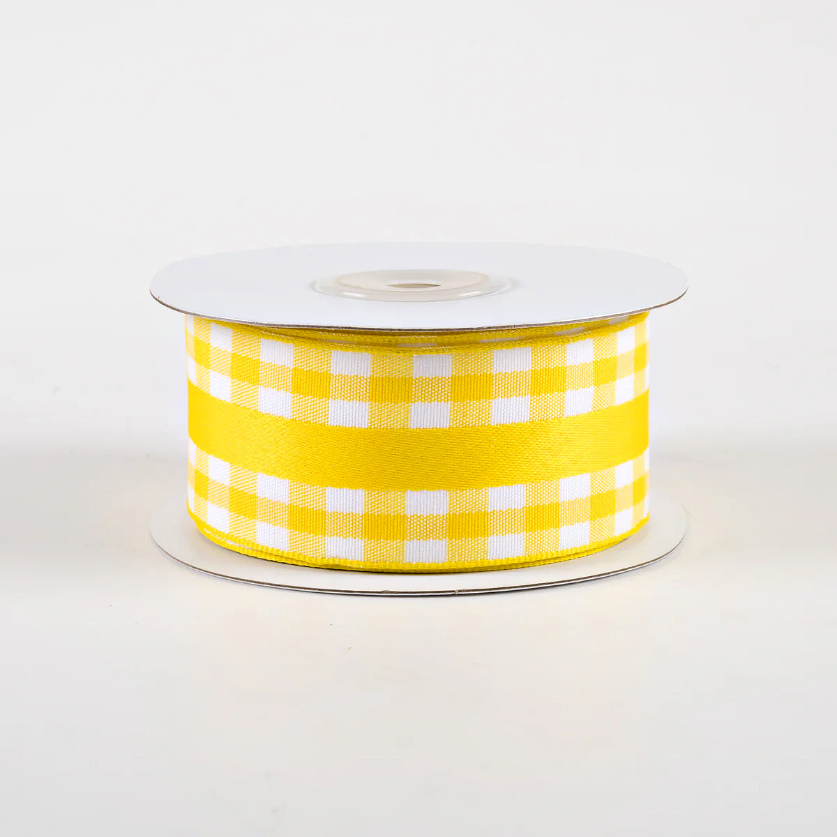 1 1/2" Mini Gingham With Center Stripe Lightly Wired Ribbon: Yellow & White - 1 Yard