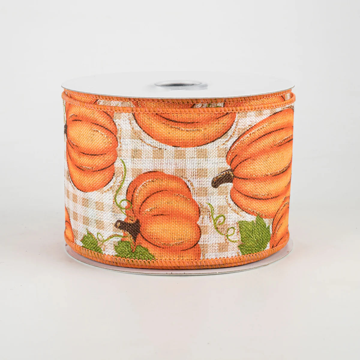 2 1/2" Pumpkin Patch Check Wired Ribbon: Orange, Moss, Beige, Ivory -1 Yard
