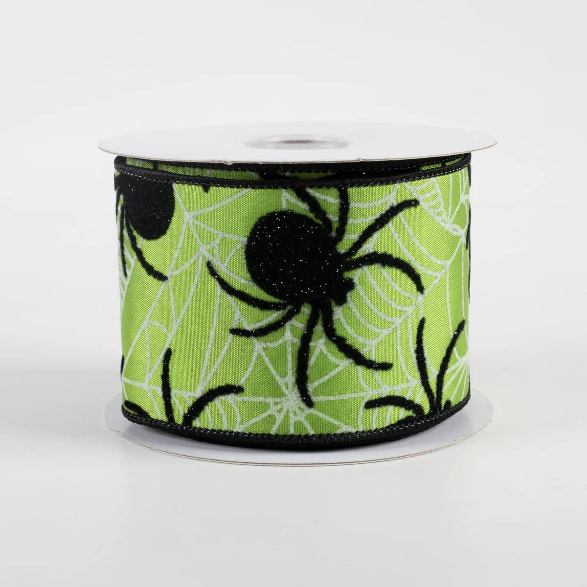 2 1/2" Satin Flocked Spider Wired Ribbon: Lime Green - 1 Yard