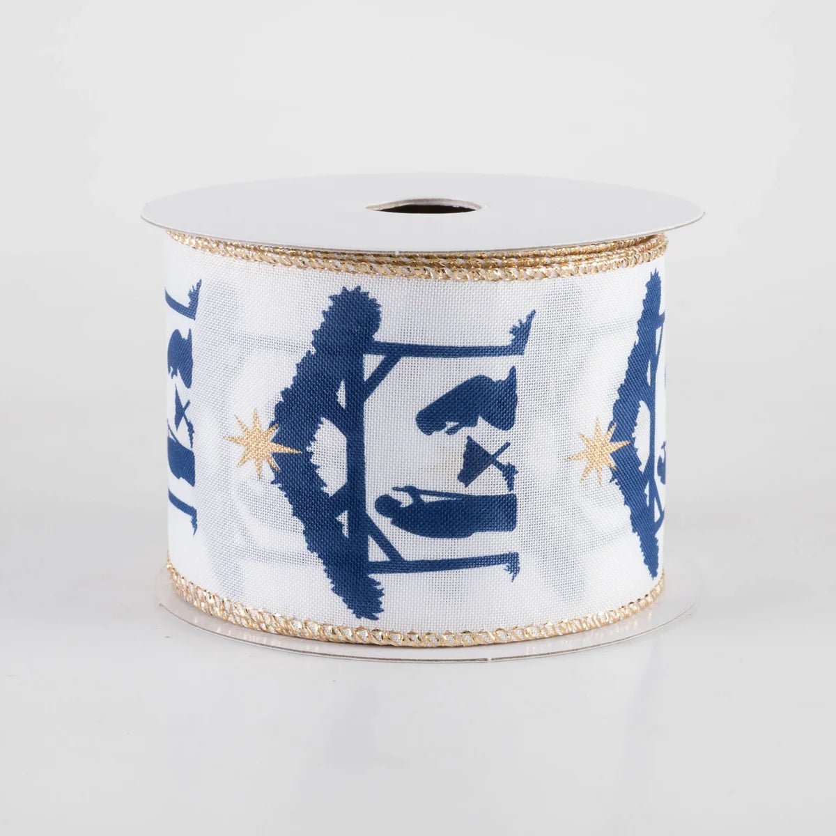 2 1/2" Nativity Creche Wired Ribbon: Navy on White