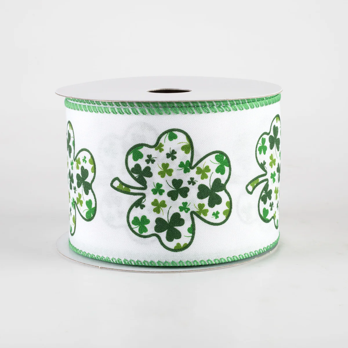 2 1/2" Satin Shamrock Filled Clover Wired Ribbon: White - 1 Yard