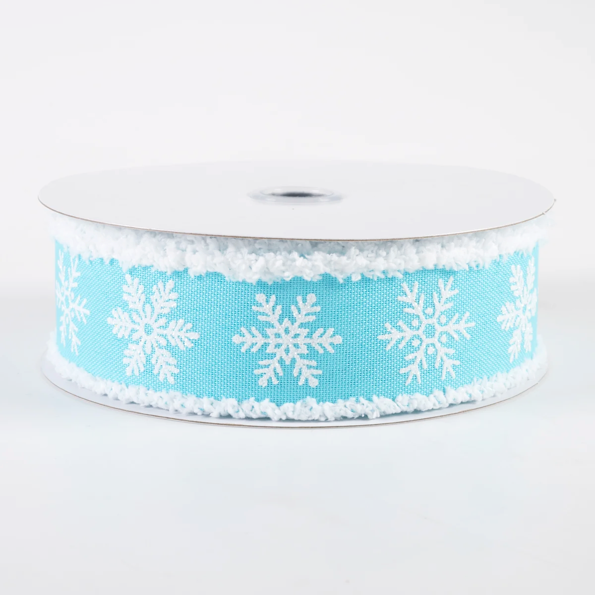 1 1/2" Snowflakes on Drift Fuzzy Edge Wired Ribbon: Blue - 1 Yard