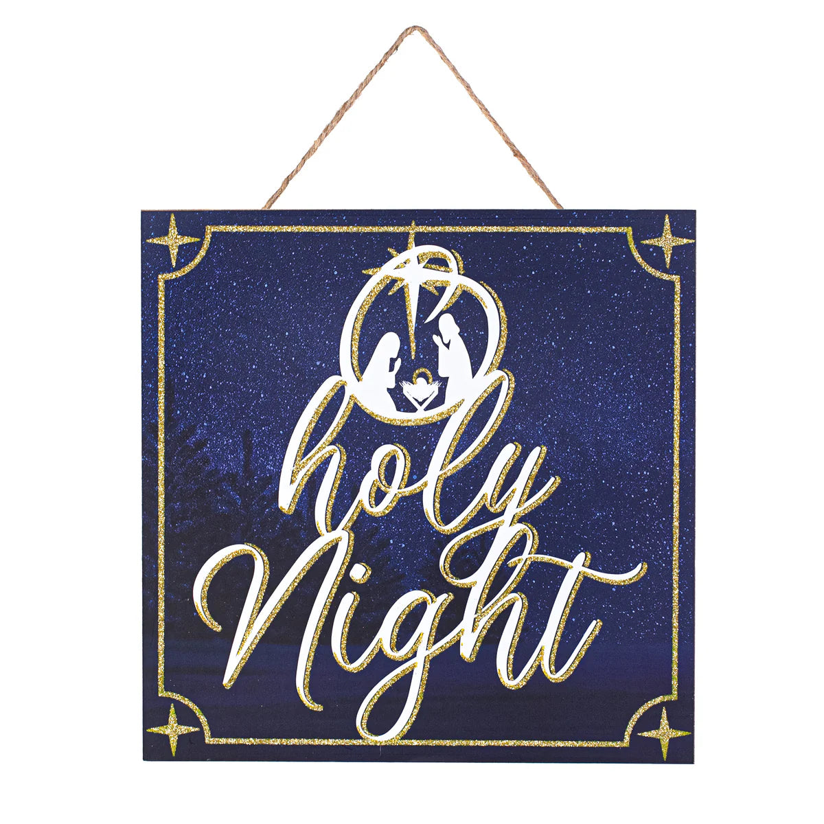 10" Square Wooden Sign: O Holy Night Glitter