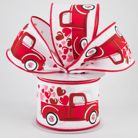 2 1/2" Truck With Hearts Wired Ribbon: White - 1 Yard - Sugar Pink Boutique