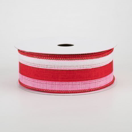 1 1/2" Stripe Wired Ribbon: White, Red, Pink - 1 Yard - Sugar Pink Boutique