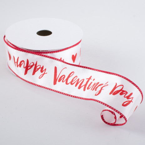 1 1/2" Happy Valentine's Day Satin Wired Ribbon: White - 1 Yard - Sugar Pink Boutique