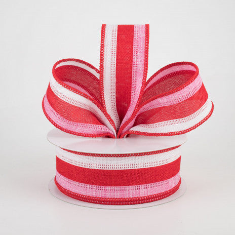 1 1/2" Stripe Wired Ribbon: White, Red, Pink - 1 Yard - Sugar Pink Boutique