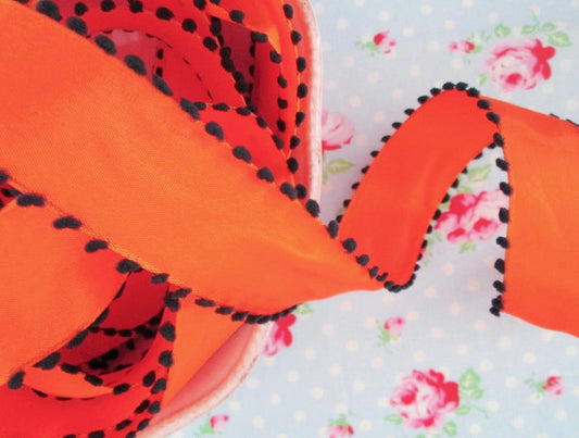 Pom Pom Edge Wired - Orange and Black - Ribbon - 1 1/2 inch - 1 Yard - Sugar Pink Boutique