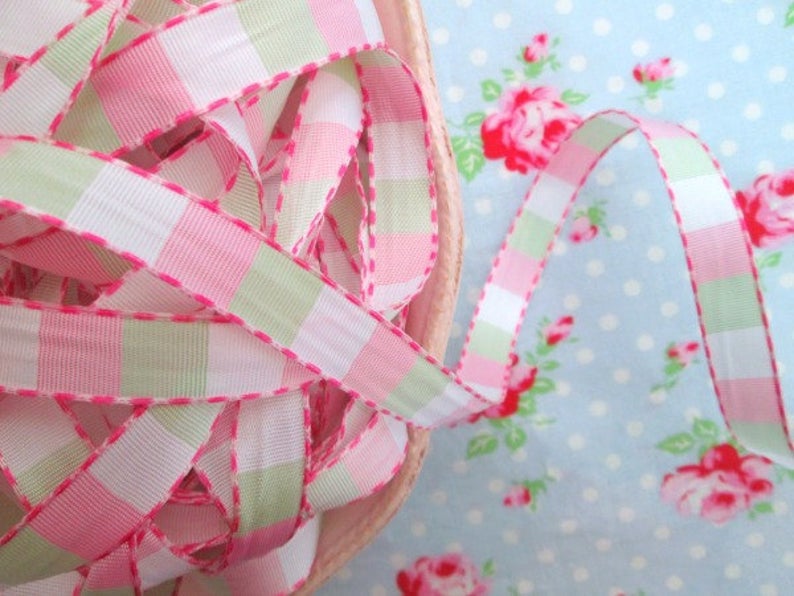 Check Ribbon - Pink and Green - 1/2 inch - 1 Yard
