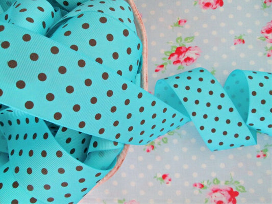 Polka Dot Grosgrain Ribbon -Turquoise with Brown Dots- 1 1/2 inch - 1 Yard - Sugar Pink Boutique