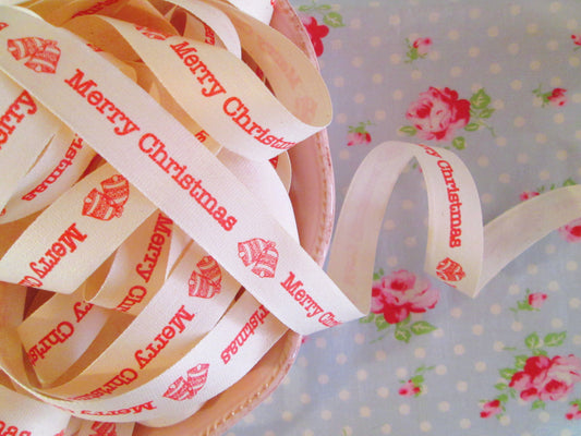 Merry Christmas with Bells Print Woven Edge Ribbon - 5/8 inch - 1 Yard - Sugar Pink Boutique
