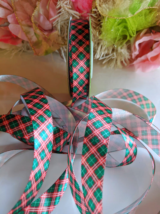 Scottish Plaid Check Printed - Red White & Green - Satin Ribbon - 7/8 inch - 1 Yard - Sugar Pink Boutique