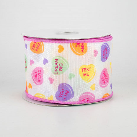 2 1/2" Conversation Candy Hearts Wired Ribbon - 1 Yard - Sugar Pink Boutique