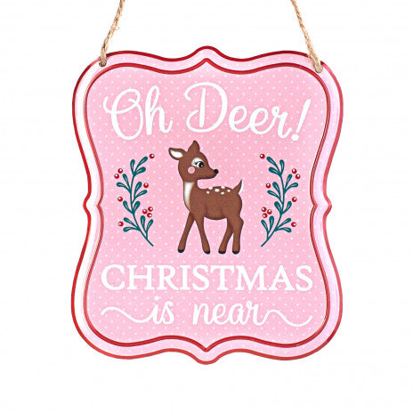 7" Embossed Edging Scalloped Metal Sign: "Oh Deer Christmas is near" - Sugar Pink Boutique