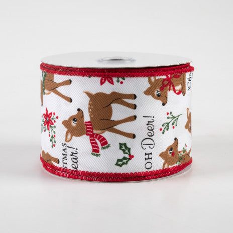 2 1/2 " "Oh Deer Christmas is Near" Wired Ribbon: White - 1 Yard - Sugar Pink Boutique