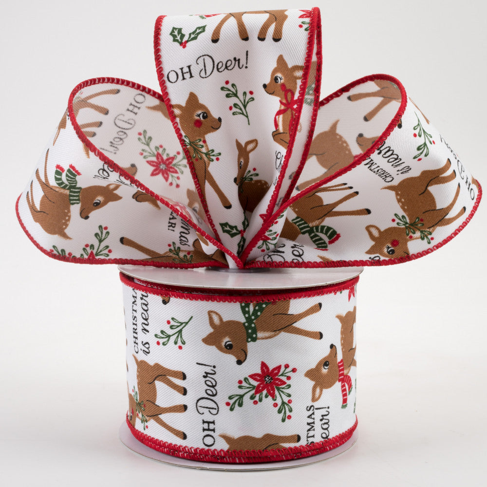 2 1/2 " "Oh Deer Christmas is Near" Wired Ribbon: White - 1 Yard - Sugar Pink Boutique