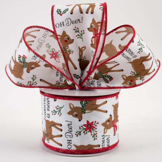 2 1/2 " "Oh Deer Christmas is Near" Wired Ribbon: White - 1 Yard - Sugar Pink Boutique