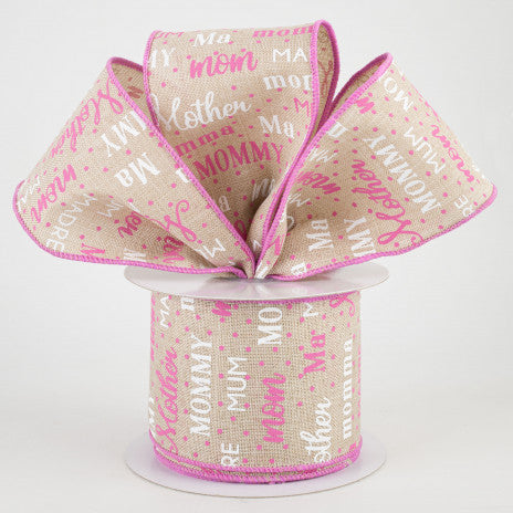 2 1/2" Mom Pattern Wired Ribbon: Light Natural, White, Pink - 1 Yard - Sugar Pink Boutique