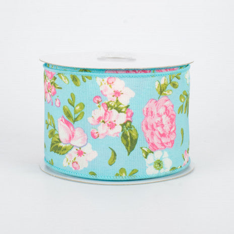 2 1/2" Rose Floral Wired Ribbon: Blue - 1 Yard