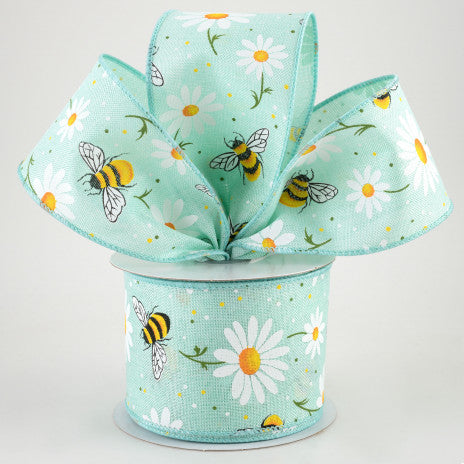 2 1/2" Bumblebees & Daisies Wired Ribbon: Mint Royal - 1 Yard - Sugar Pink Boutique
