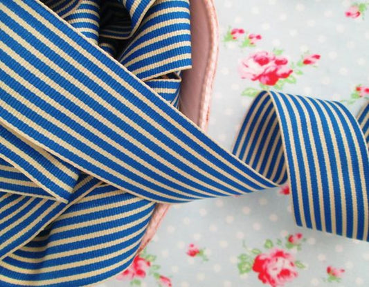 1 1/2" Striped Grosgrain Ribbon -  Royal Blue and Ivory - 1 Yard - Sugar Pink Boutique