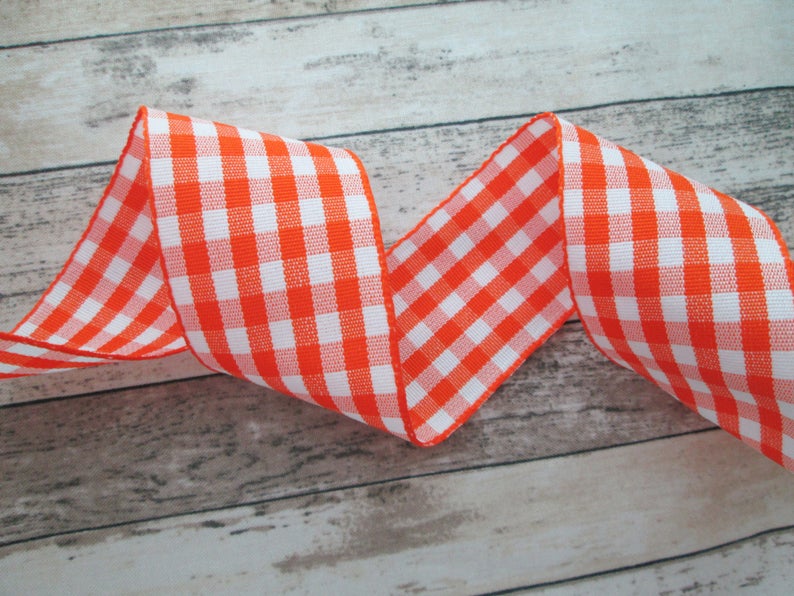 Checkered Ribbon with Woven Edge - Orange and White - 1 1/2 Inch - 1 Yard