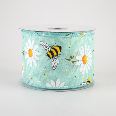 2 1/2" Bumblebees & Daisies Wired Ribbon: Mint Royal - 1 Yard - Sugar Pink Boutique